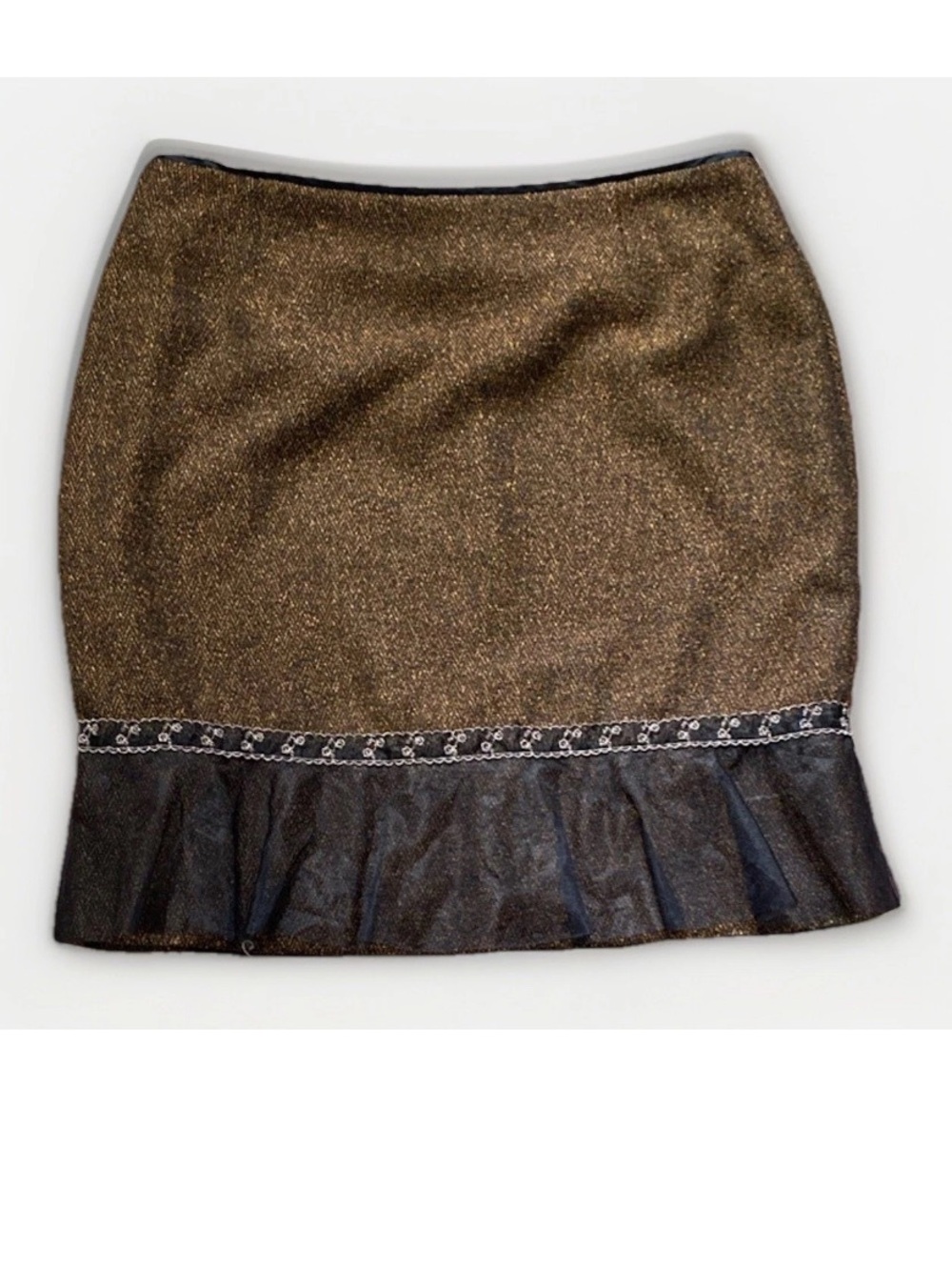 Requirements Metallic Bronze Pencil Skirt with Black Ruffle Trim